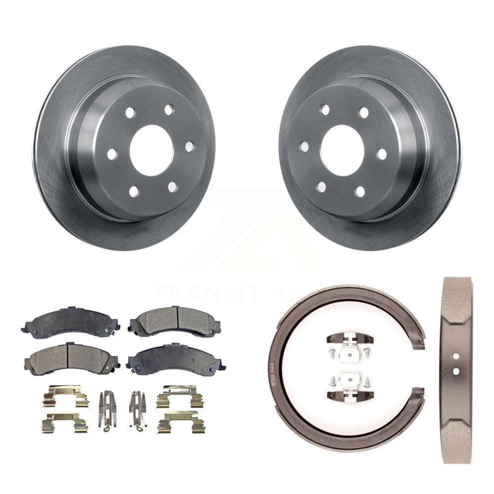 Transit Auto Rear Disc Rotors Semi-Metallic Pads and Parking Brake Shoes Kit for Car 2002 Chevrolet Suburban 1500 4WD with Single Piston Caliper K8F-104667