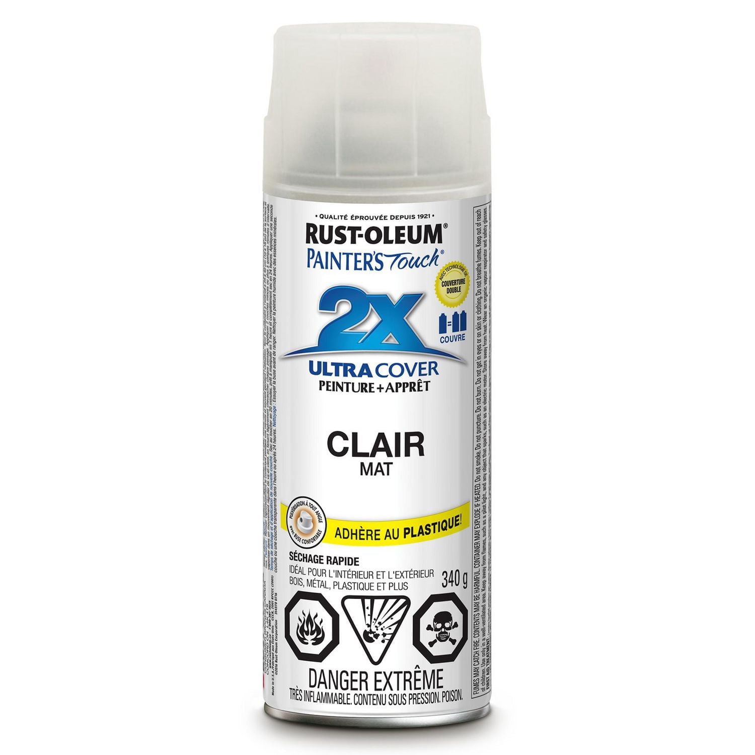 Peinture et apprêt polyvalents Rust-Oleum Painter's Touch 2X pour intérieur/extérieur, finition mate plate claire, bombe de 340g