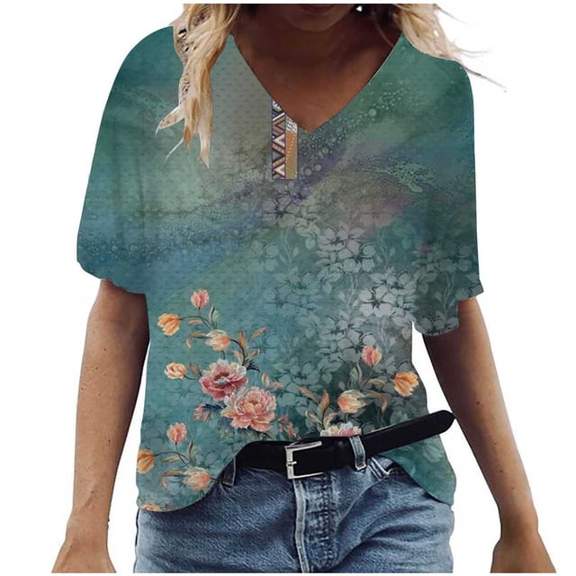 Birdeem T-Shirt à Col en V pour Femmes, Mode Décontractée, Grande Taille, Imprimé de Fleurs Pittoresques