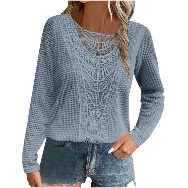 Hauts Décontractés Amples Liquidation Femmes Tuniques en Tricot Hauts de Printemps Chandails à Manches Longues Blouse à Col Rond en Dentelle Crochet Tenues Décontractées Mode 2025 Tenues Confortables et Tendance Nouveau Bleu TTG
