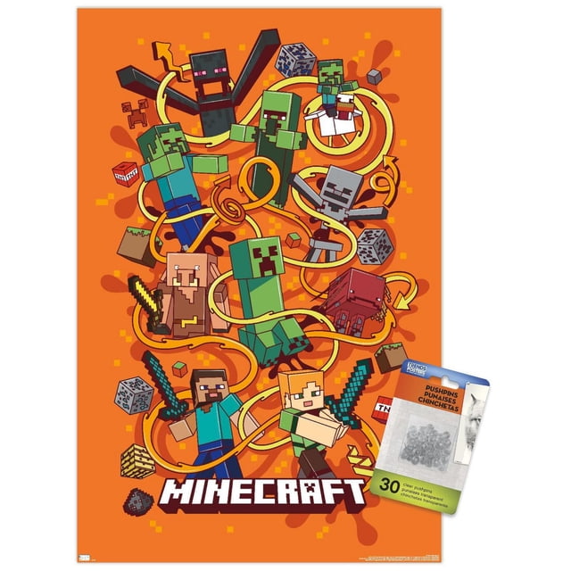 Minecraft - Funtage Wall Poster, 22.375" x 34", featuring Minecraft characters Steve and Alex with swords, Creepers, Zombies, Skeleton, Enderman, and other mobs on an orange pixelated background with swirling yellow lines, printed on glossy paper with adhesive mounts, ideal for bedroom or office wall decor.
