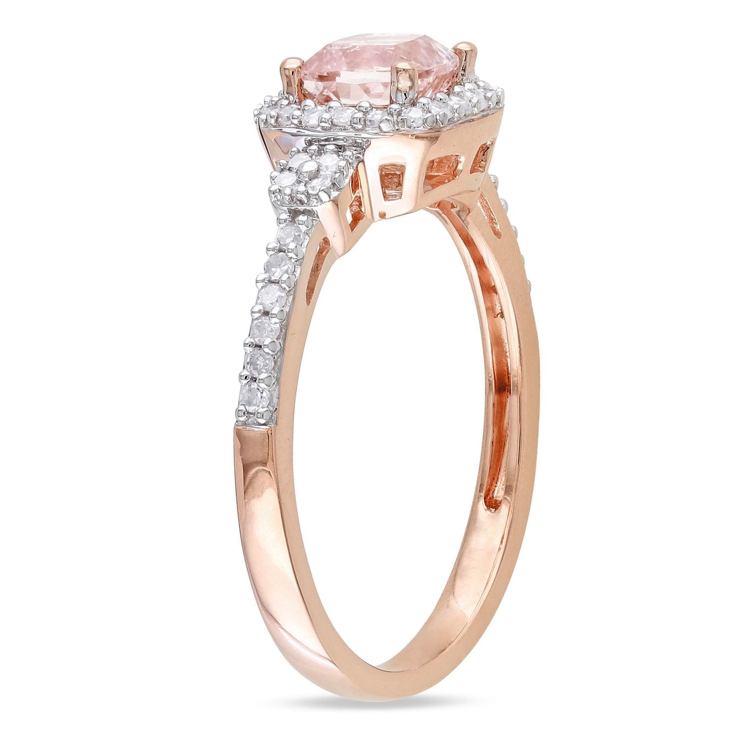 Bague auréole Tangelo avec morganite de coupe coussin 3/5 CT PBT et diamants 1/6 CT poids total en or rosé 10K