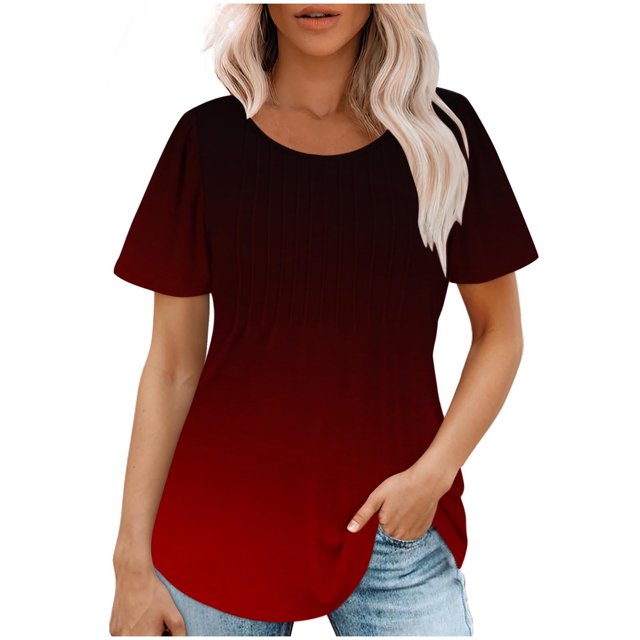 Plebaso Hauts pour Femmes Été Manches Courtes Col Rond Tunique Chic Ample Mode Blouses à Dégradé de Couleurs