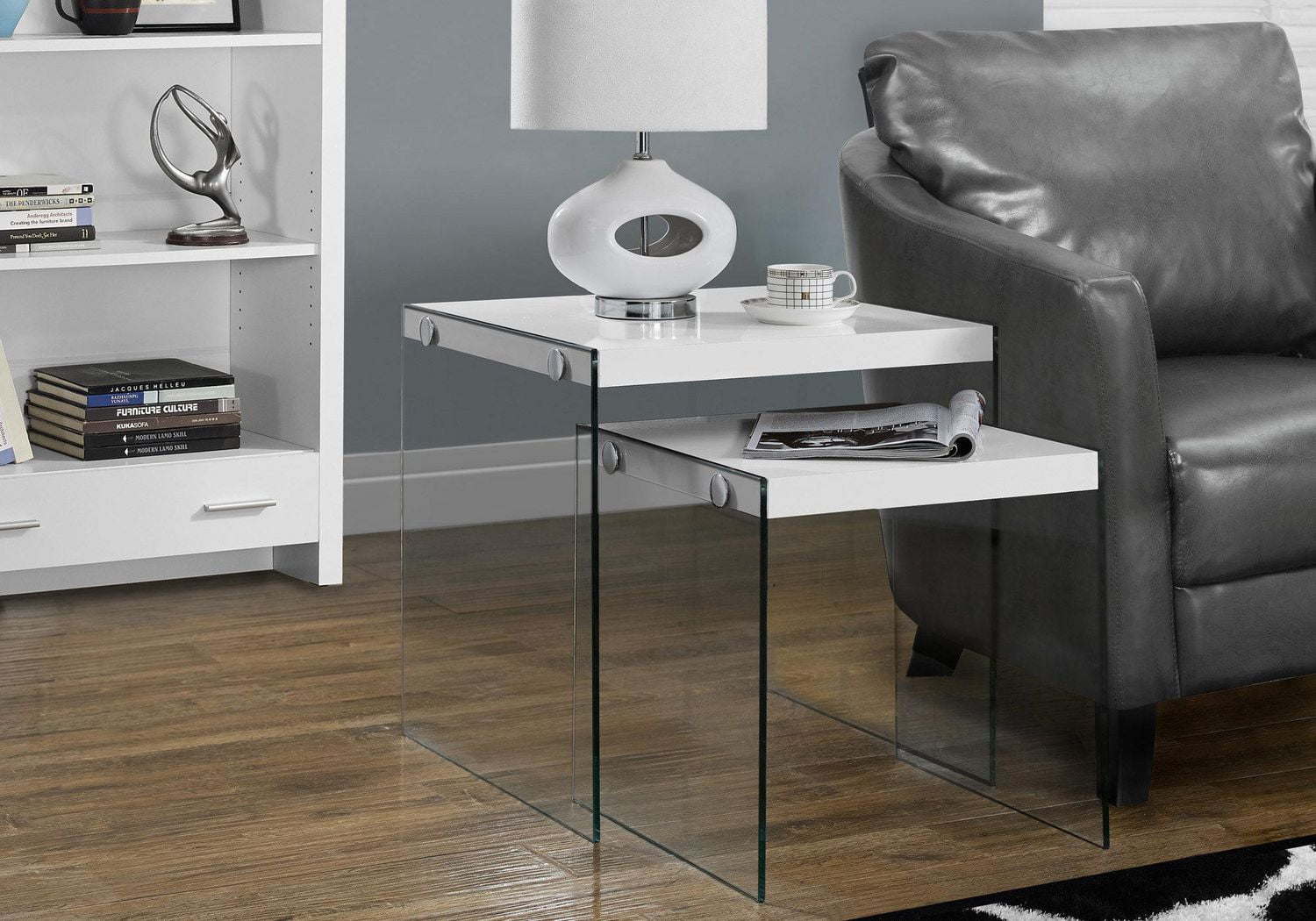 Monarch Specialties Tables Gigognes, Lot De 2, Côté, Bout, Accent, Salon, Chambre À Coucher, Verre Trempé, Stratifié, Blanc Lustré, Dégager, Contemporain, Moderne