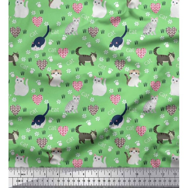 Soimoi Polyester Crepe Fabric Heart,Footprint & Cat Animal Print Fabric by Yard 42 Inch Wide