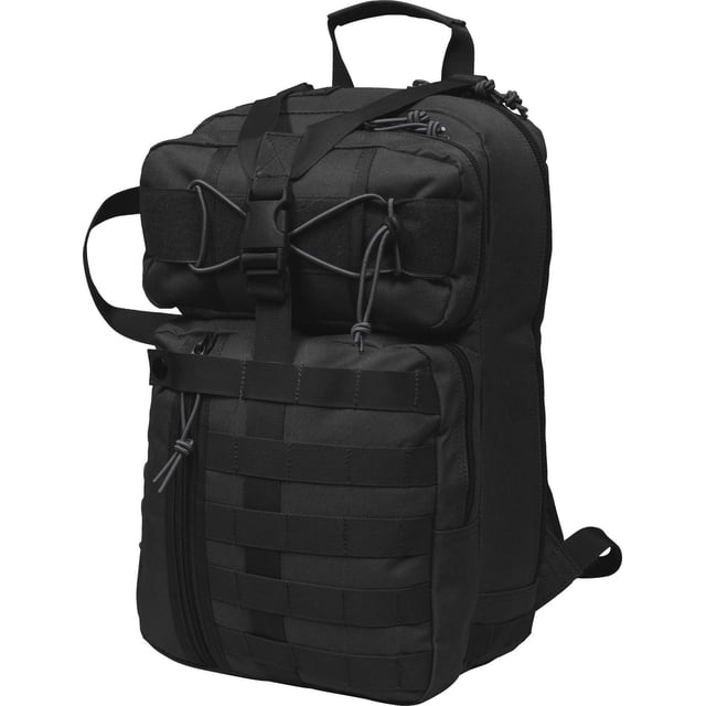 Mil-Spex Golani Tactical Pack - Black, a heavy-duty polyester hiking backpack with MOLLE attachment loops, large main compartment with multiple inner pockets, front quick access essentials pouch, adjustable shoulder and sternum straps, top and side grab handles, V compression straps, and shock cord lashing system, often used for hiking and tactical activities.