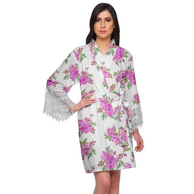 Moomaya Printed Short Robes For Women Cotton Robes For Women With Lace Trim