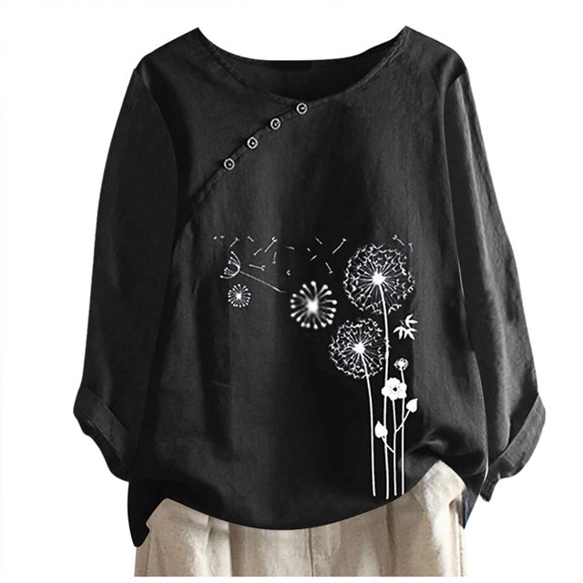 CHUANK Hauts pour Femmes en Solde à Moins de 10$ Hauts Décontractés Printemps Été Manches Longues en Coton Lin Imprimé Graphique Pissenlit Col Rond Blouses Vintage Grande Taille