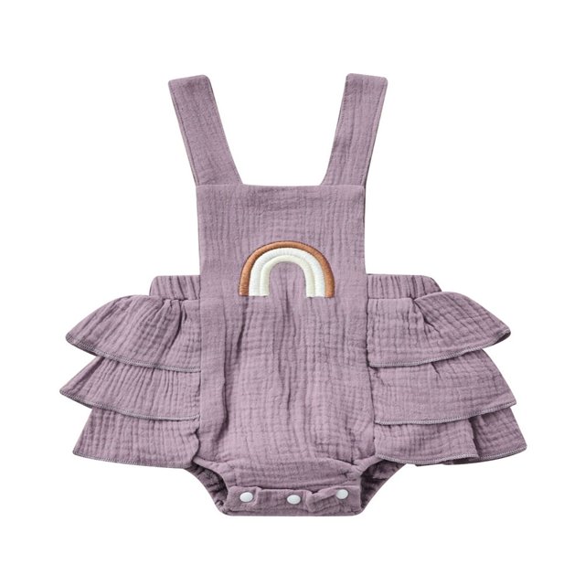 Baby Summer Ruffle Romper Sleeveless Elastic Waist Rainbow Embroidery Strap Bodysuit