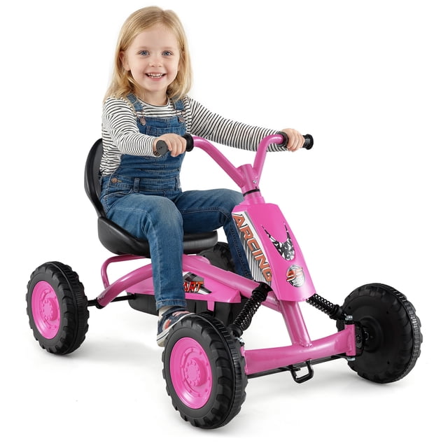 Gymax Go Kart for Kids 4 Wheel Toddler Ride On Pedal Car in pink, ideal for outdoor play. Features include a sturdy metal frame, adjustable seat with backrest, anti-slip foot pedals, and 20-degree steering handlebars for easy maneuverability. Suitable for children aged 3 and up, with a weight capacity of 66 lbs. The 4-wheel design ensures stability and smooth rides on various surfaces, making it a fun and safe pedal-powered toy.