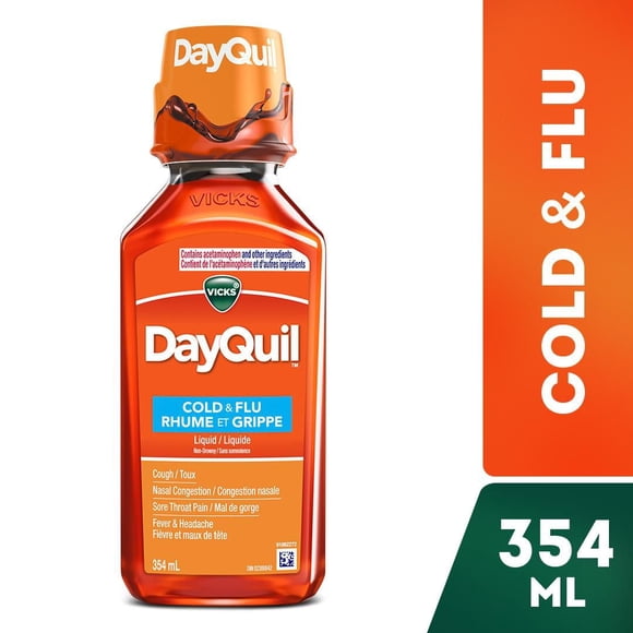 Vicks DayQuil Cold and Flu Medicine, 354 mL, Effective Relief, Relieves Cough, Sore Throat Pain, Fever, Congestion
