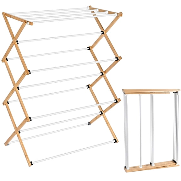 Folding Laundry Clothes Drying Rack, Bamboo Collapsible Laundry Drying Rack Clothes Hanger Towel Rack
