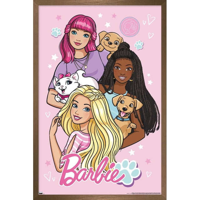 Mattel Barbie - Cute Wall Poster depicting three girls with varied hairstyles holding two dogs and a white cat, set on a pink background with stars, hearts, paw prints, and the Barbie logo in pink and blue, framed in wood.