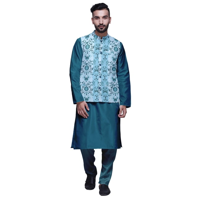 Atasi Mandarin Collar Traditional Solid Kurta Pajama With Printed Jacket Set