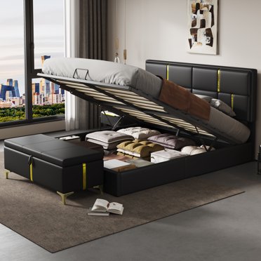 Euroco 2 Pieces Bedroom Furniture Set, Upholstered Queen Size Platform Bed with Hydraulic Storage System and Ottoman, Black