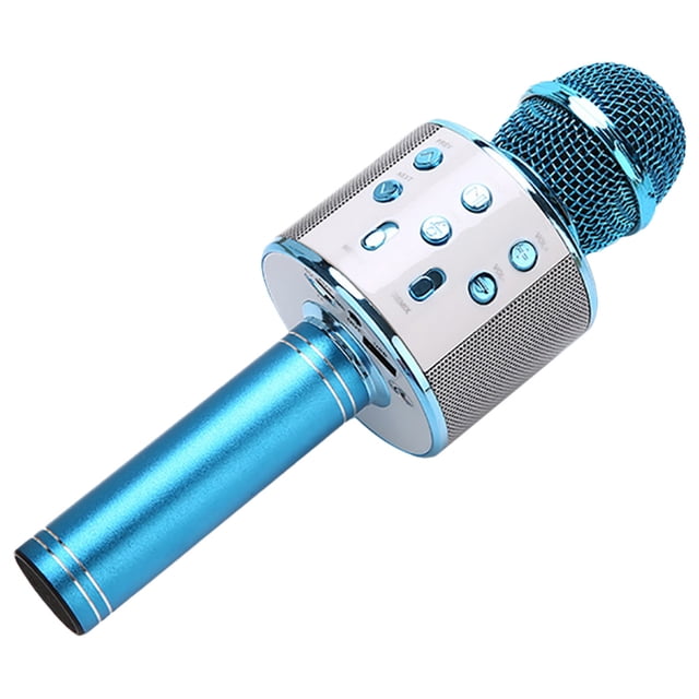 Handheld Microphone Wireless Portable Mic Speaker for Kids in a vibrant blue color. Features a built-in 18650 lithium battery with 1800mAh capacity, dual 4Ω 4W speakers, and a sound effect reverb mode. The microphone has a total height of 221mm (8.70in) with a handle length of 102mm (4.02in), suitable for kids aged 5-12. Made of durable aluminum magnesium alloy, it is lightweight and wireless, ideal for home, bar, or KTV use. Includes control buttons on the body for easy operation.