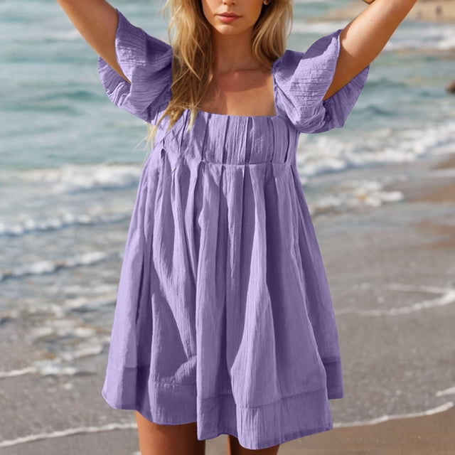 Ovzne Robes d'Été pour Femmes Robe Femme Couleur Unie devant Plissé Dos à Lacets Manches à Boutons Robe Jupe Courte Robe pour Femmes Liquidation