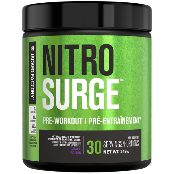 Supplément Pré-Entraînement NITROSURGE - Énergie Sans Fin, Gains de Force Instantanés, Concentration Claire, Pompes Intenses - Amplificateur d'Oxyde Nitrique et Poudre de Pré-Entraînement avec Bêta-Alanine - 30 Portions, Raisin