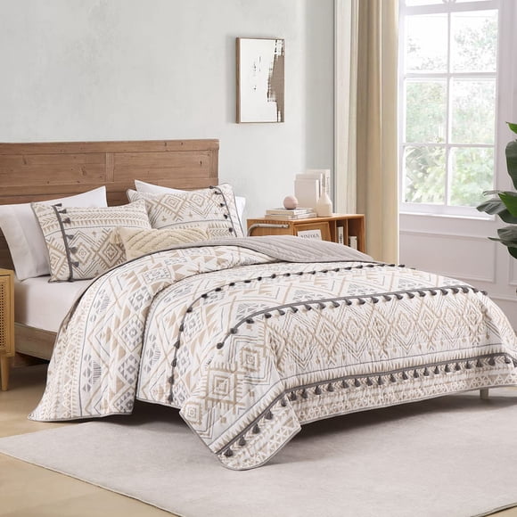 HORIMOTE HOME Ensemble de Courtepointe Très Grand Beige Style Bohème avec Couvre-Lit Doux et Léger à Franges pour Toutes les Saisons, Couvre-Lit Format Double avec 2 Taies d'Oreiller Assorties (3 Pcs)
