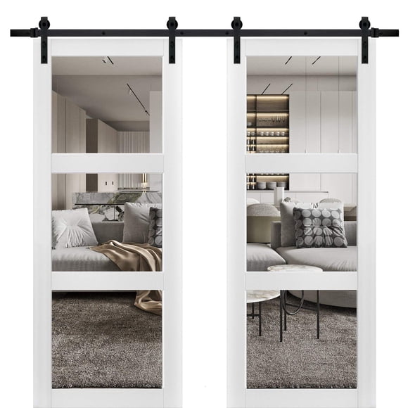 Sturdy Double Barn Door 48 x 96 inches with Clear Glass 3 Lites | Lucia 2555 Matte White | Top Mount 13FT Rail Hangers Heavy Set | Solid Panel Interior Doors
