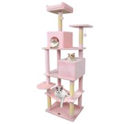 Costway 70" Cat Tree for Indoor Cats with Padded Top Perch, Dual Condos, Hammock, Platforms Pink