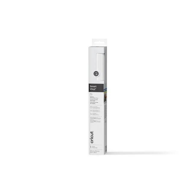 Cricut® Smart VinylTM Vinyle Amovible Sans Tapis (3 Pi), Blanc dans un Emballage Rectangulaire Haut avec Détails Texte Noir et Blanc Découpe Sans Tapis, Adhésif Amovible, et Compatibilité avec les machines Cricut Explore 3 et Maker 3, Mesurant 13 Po x 3 Pi (33 cm x 0,9 m), Convient aux Projets de Découpe de Vinyle et de Matrice.
