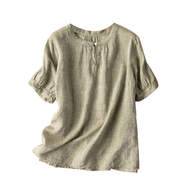 Timegard Tops for Women Trendy Round Neck Short Sleeve T Shirts Casual Button Solid Color Top