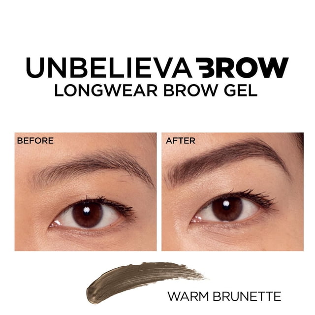 L'Oreal Paris Unbelieva-Brow Gel Brow Teinté Imperméable en Brunette Chaude avec Brosse Inclinée Double Face et Bobine, Conçu pour Remplir, Épaissir et Sculpter les Sourcils jusqu'à 48 Heures avec une Formule Imperméable, Sans Bavure, Sans Transfert et Résistante à la Sueur, Présenté sur un Fond Blanc avec Texte Noir Audacieux.