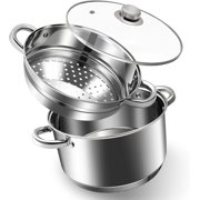 Juego de utensilios de cocina de acero inoxidable de 6 QT, olla de 3 piezas con olla vaporera y tapa de vidrio templado, mango de acero inoxidable, funciona con estufa de gas, eléctrica e