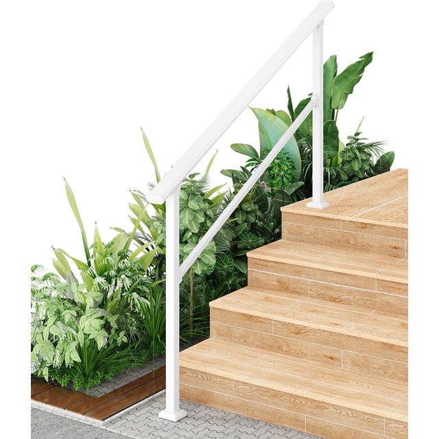 Main Courante en Métal Robuste pour 1 à 5 Marches Extérieures, Aluminium et Fer Forgé, Rampe d'Escalier à Hauteur Réglable, Blanc, Intérieur/extérieur, Main Courante 5 Marches