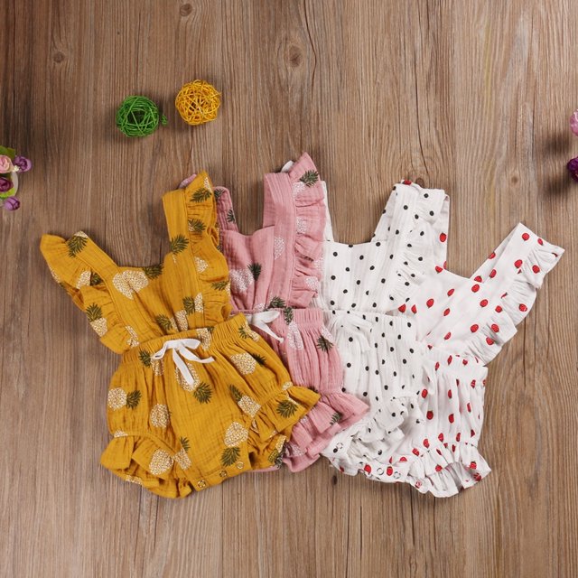 Summer Newborn Kid Baby Girl Clothes Ruffle Print Romper Jumpsuit Headband 2Pcs Outfits