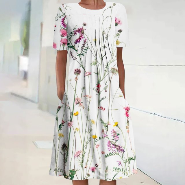 Robes Maxi pour Femmes 2023 Robe d'Été Bohème à Imprimé à Manches Courtes Robe de Plage Longueur Genou Robe à Manches Courtes en Liquidation