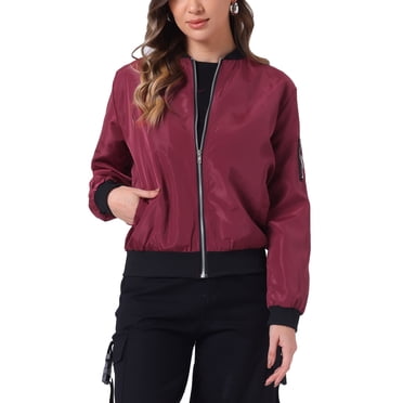 INSPIRE CHIC Women's Halloween Coat Casual Zip Up Bomber Jacket Windbreaker Outerwear with Pockets L Wine Red