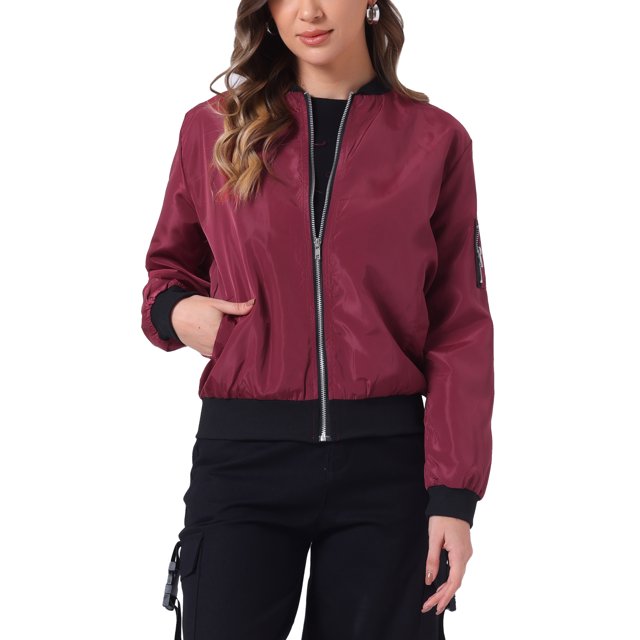 INSPIRE CHIC Blouson Bomber Court pour Femme à Col Montant, Manches Longues, Fermeture Éclair Intégrale