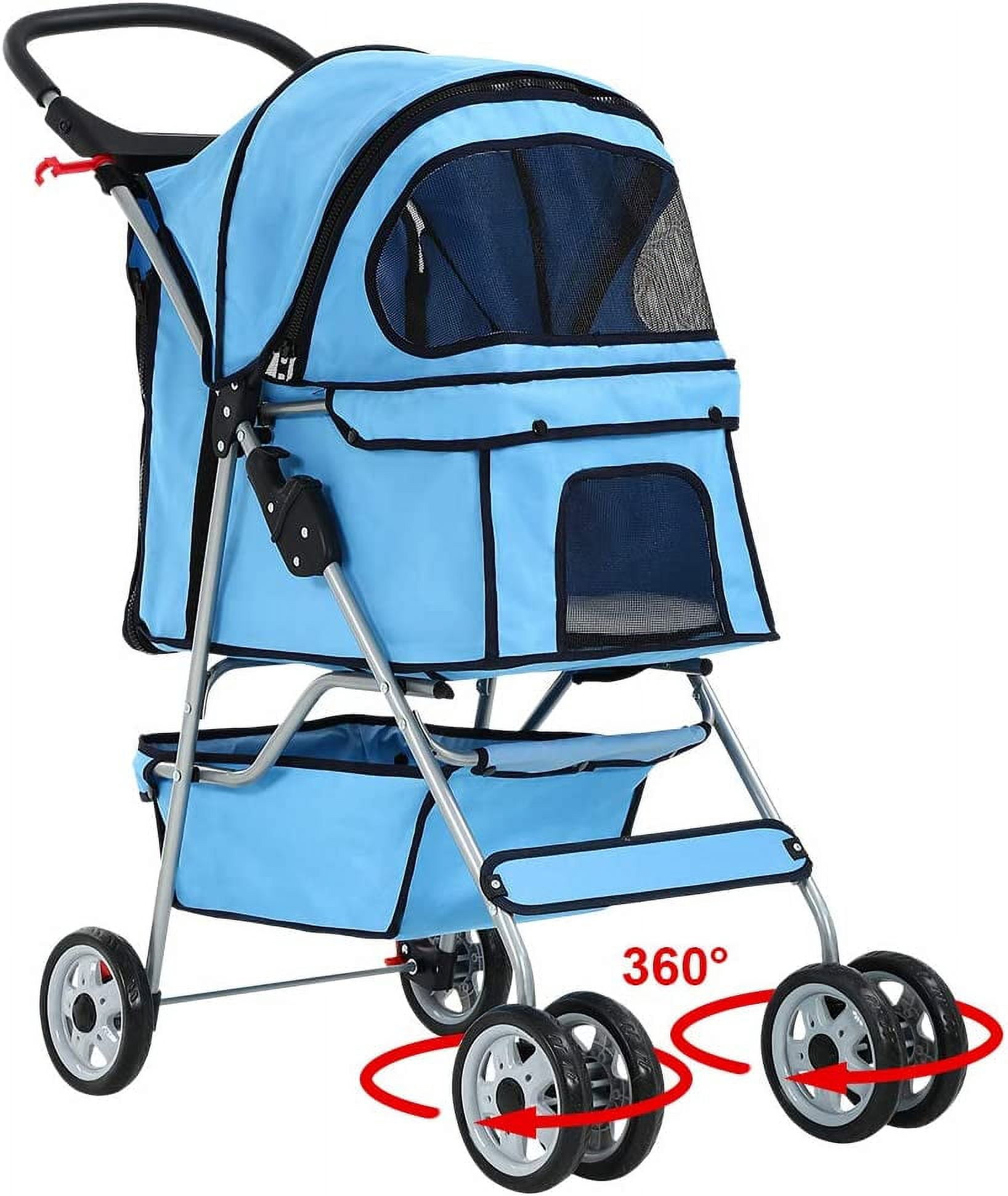 BestPet Folding Pet Stroller Travel Carrier for Cats & Dogs, Portable Cage Design, Blue