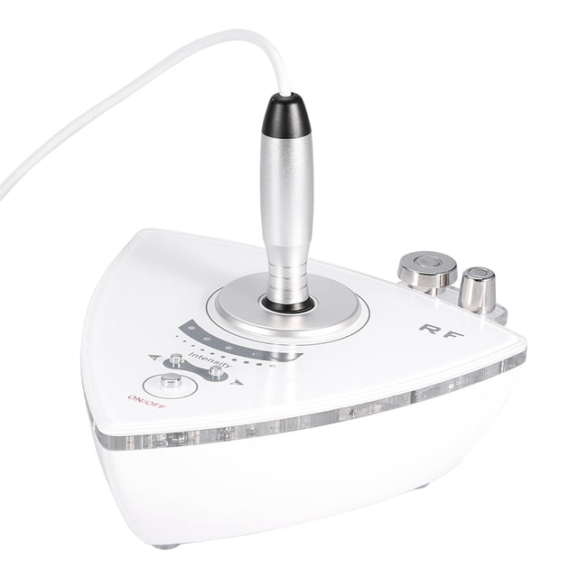 Herwey Professional Home Use RF Face Eye Skin Rejuvenation Lifting Wrinkle Removal Beauty Machine. A sleek, white triangular RF skin rejuvenation device with a detachable silver handpiece and cord. Features include five adjustable energy levels, two interchangeable bipolar heads, and an intensity level indicator. Ideal for wrinkle removal, skin tightening, and acne reduction on the face and around the eyes.
