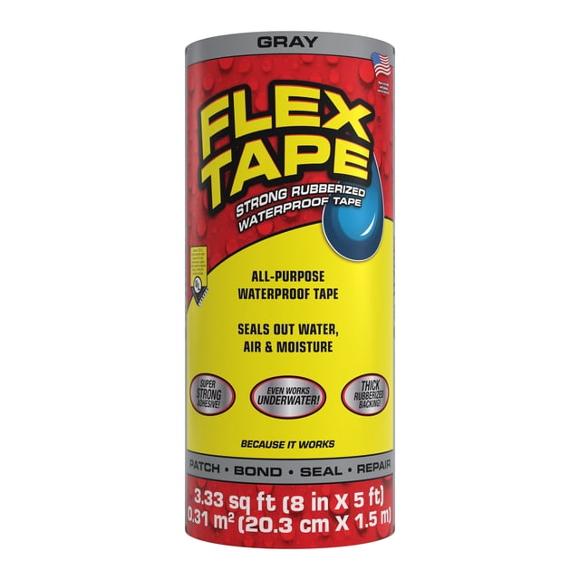 Flex Tape , Ruban Imperméable Caoutchouté Robuste, 8 Pouces x 5 Pieds, Gris
