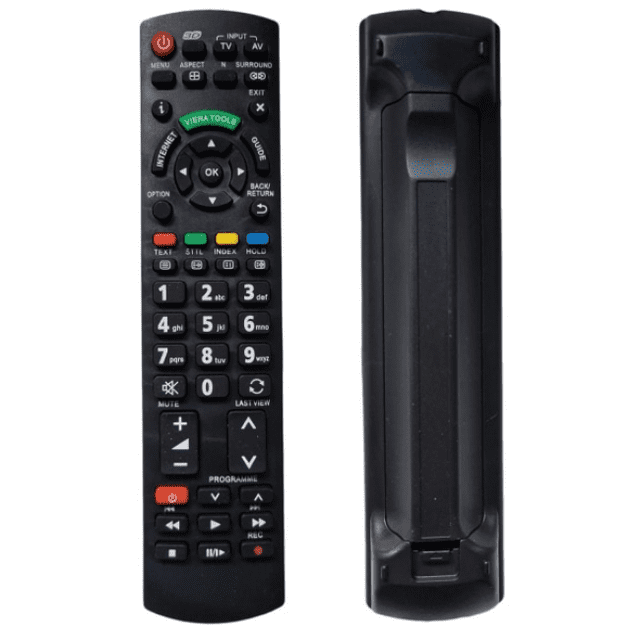 Lunfar remote control for Panasonic TV model N2QAYB in black, designed for TV accessories, featuring a front view with labeled buttons including power, menu, volume, and navigation controls, alongside a rear view showing the battery compartment. Compatible with Panasonic TVs requiring 2 AAA batteries (not included).