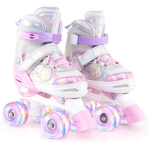 Costway Kids Roller Skates 4 Sizes Adjustable Quad Skates with Light-up Wheels for Ages 5-8 Pink