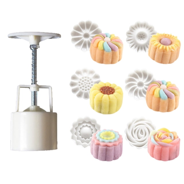 LSLJS Circular Flower Mooncake Molds Set with a plunger and six detailed flower-shaped molds. Designed for mooncake decoration, the molds create intricate floral patterns on desserts, shown in pastel colors. Perfect for bakeware and cake decorating kits.