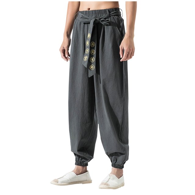 Birdeem Man and Linen Solid Color Drawstring Pockets Binding Leg Trousers
