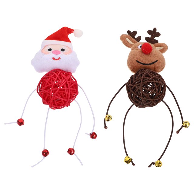 2Pcs Pet Cat Plush Toys Interactive Toy Christmas Doll Plaything with Rattan Ball