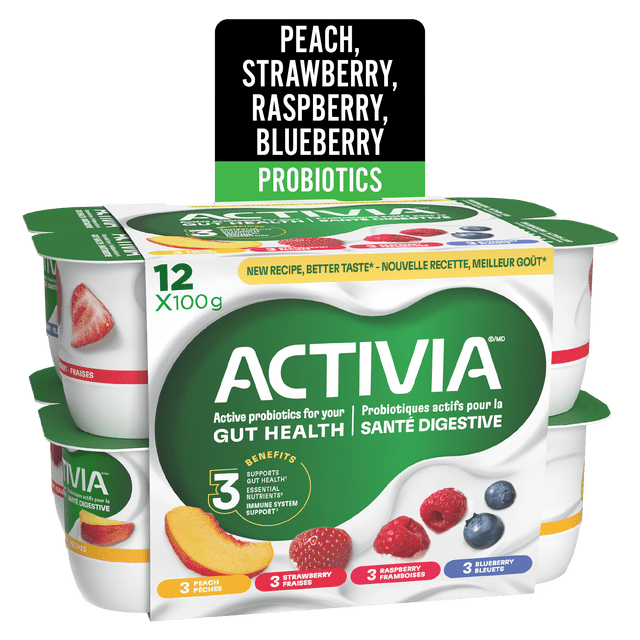 Activia Probiotic Yogurt, Strawberry/Blueberry/Raspberry/Peach, 12x100g
