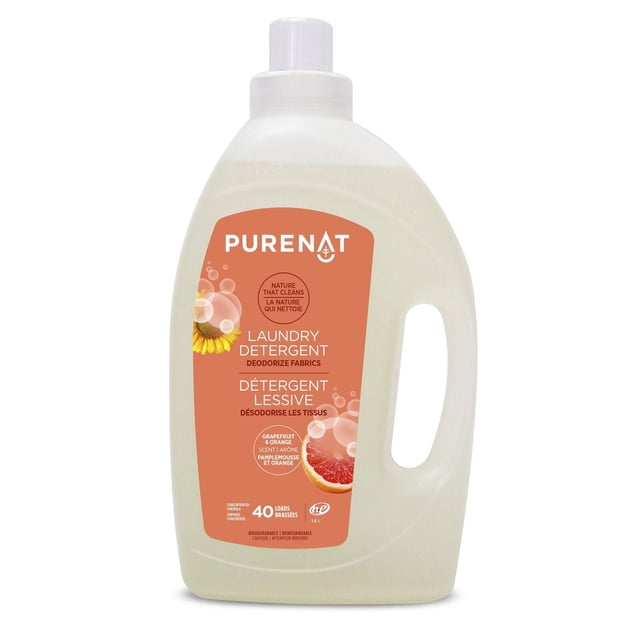 Laundry Detergent Grapefruit Orange 1.6L by PURENAT, translucent plastic jug with handle and white cap, orange label showing grapefruit and orange, biodegradable and safe for septic systems, suitable for baby laundry and sensitive skin.