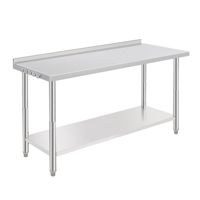 NSF Stainless Steel Work Table - 60x24x35 Inch - Adjustable Undershelf, Heavy Duty, Rear Baffle, Straight Edge, Tool Hooks, Without Casters, For Kitchen & Garage