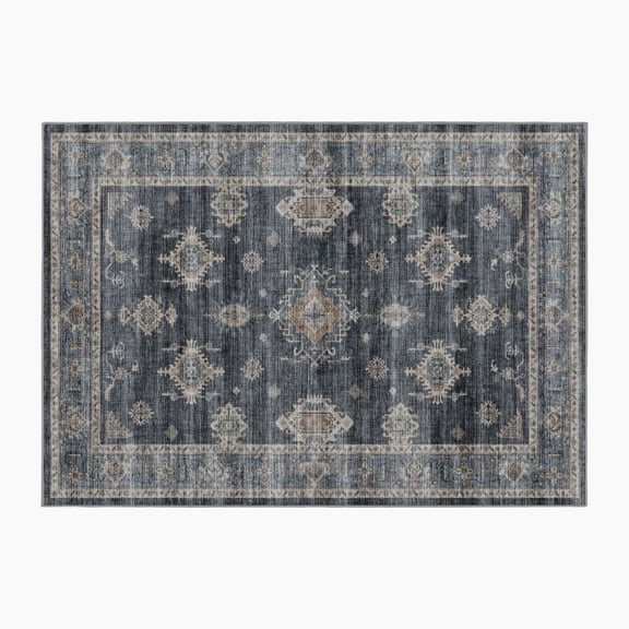 Mainstays Vintage Persian Geometric Medallion Area Rug, Navy Blue, 4 ft x 6 ft, Machine Washable, for Bedroom, Living Room, Dining Room.
