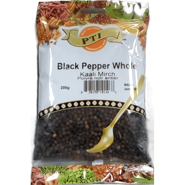 PTI Black Pepper Whole 200g clear package with whole black peppercorns visible in the lower half, featuring the PTI logo and multilingual labeling including Kaali Mirch and Polvre noir entier, accented by spice illustrations and a golden spoon graphic, ideal for seasoning various cuisines.