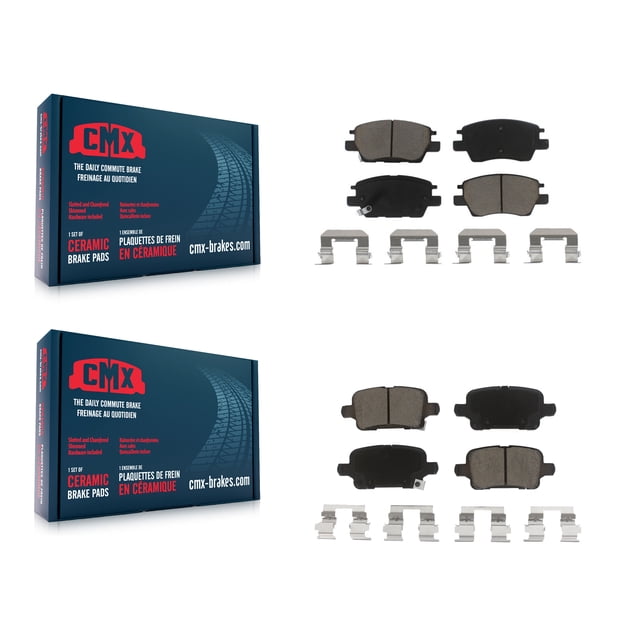 CMX Front Rear Ceramic Brake Pads Kit for Car Chevrolet Cruze Bolt EV Volt EUV KCX-100468. The image displays two sets of ceramic brake pads with included hardware, accompanied by CMX-branded packaging. Suitable for front and rear positions, it fits 2022 Chevrolet Bolt EUV LT, 2017-2023 Chevrolet Bolt EV, 2016-2019 Chevrolet Cruze, and 2016-2019 Chevrolet Volt. Features include CeramiX™ high-density ceramic compound for stable friction and low noise, rubberized stainless steel shim for vibration reduction, and High Carbon SteelRX™ alloy with anti-rust coating for extended durability.