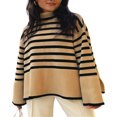 thumbnail image 1 of Chandails à Col Montant pour Femmes Manches Longues Décontractées Imprimé Rayé Bloc de Couleur/uni Fente Latérale Coupe Ample Hauts Tricotés, 1 of 5