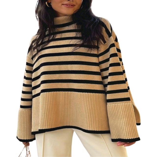 Chandails à Col Montant pour Femmes Manches Longues Décontractées Imprimé Rayé Bloc de Couleur/uni Fente Latérale Coupe Ample Hauts Tricotés